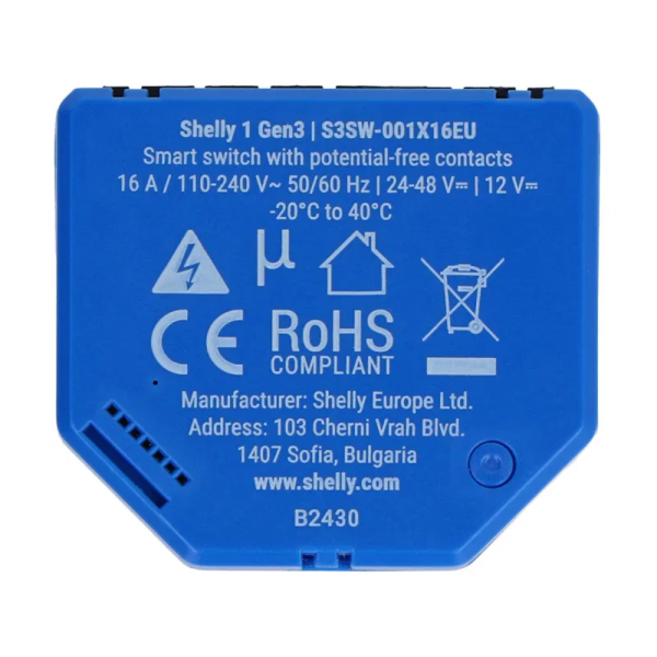Shelly 1 Gen3 Микромодул Smart реле 1х On/Off 16A изисква неутрала 261767 SHELLY