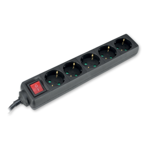 Разклонител с копче ЧЕРЕН 5x2P+E с кабел 1.4 метра / 1.0mm2 COMMEL