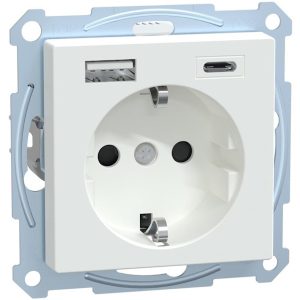 Механизъм контакт шуко 16A + USB A+C 3A 15W с лицев панел цвят Активно бял System M Merten SE