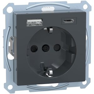 Механизъм контакт шуко 16A + USB A+C 3A 15W с лицев панел цвят Антрацит System M Merten SE