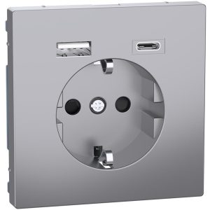 Механизъм контакт шуко 16A + USB A+C 3A 15W с лицев панел цвят Неръждаема стомана System Design Merten SE