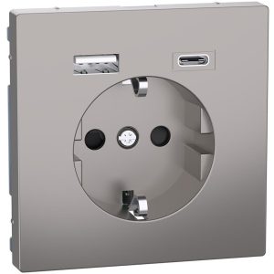 Механизъм контакт шуко 16A + USB A+C 3A 15W с лицев панел цвят Никел System Design Merten SE