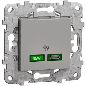 Розетка USB за зареждане тип C Power Delivery 65W с носеща рамка 2 мод. цвят Алуминий Unica SE